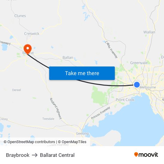 Braybrook to Ballarat Central map
