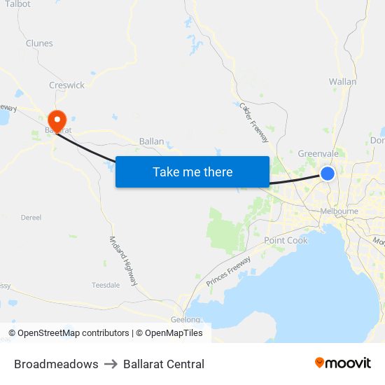 Broadmeadows to Ballarat Central map