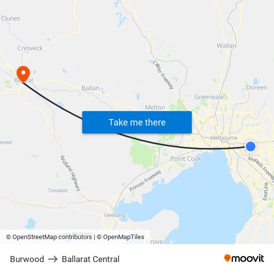Burwood to Ballarat Central map