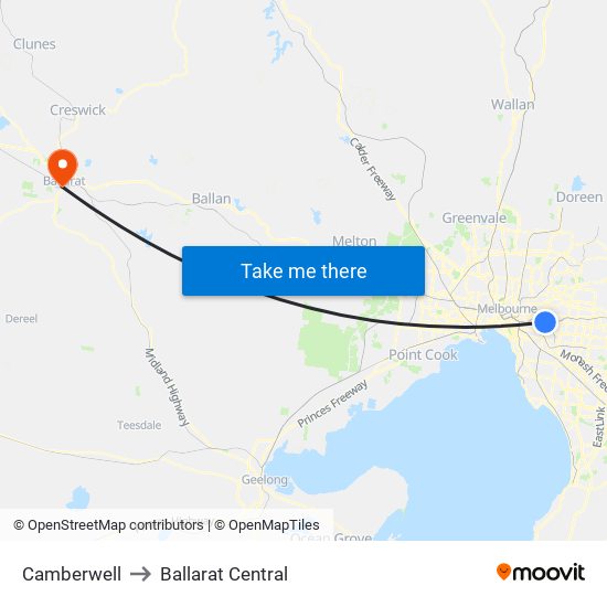 Camberwell to Ballarat Central map