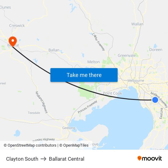 Clayton South to Ballarat Central map