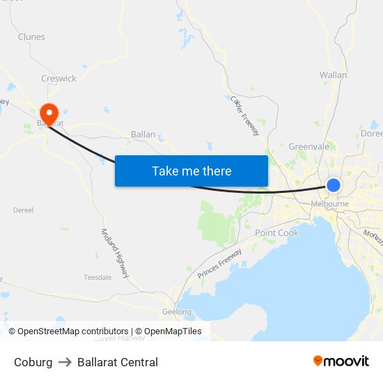 Coburg to Ballarat Central map