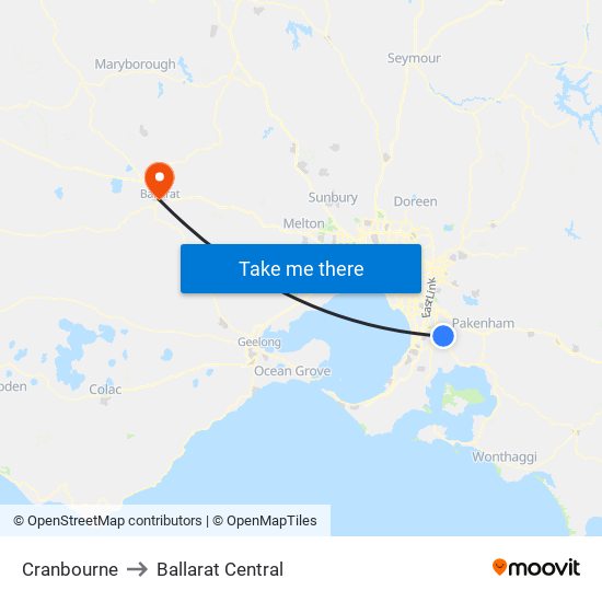 Cranbourne to Ballarat Central map