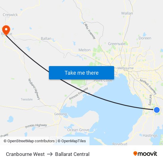 Cranbourne West to Ballarat Central map