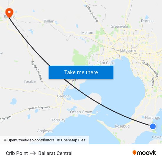 Crib Point to Ballarat Central map