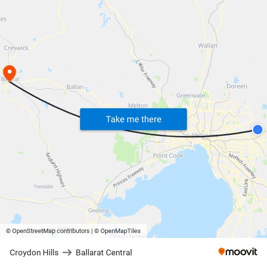 Croydon Hills to Ballarat Central map