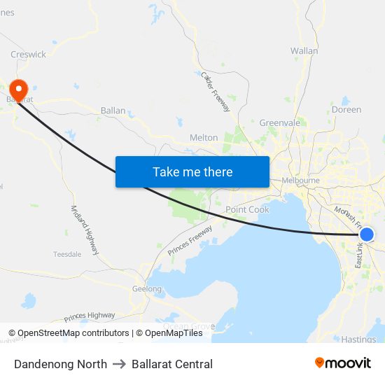 Dandenong North to Ballarat Central map