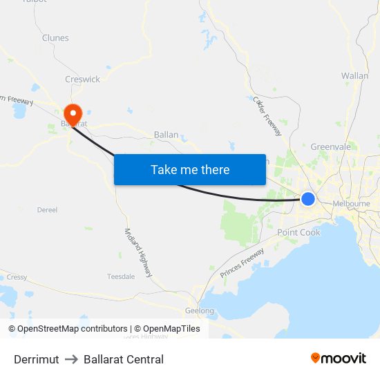 Derrimut to Ballarat Central map