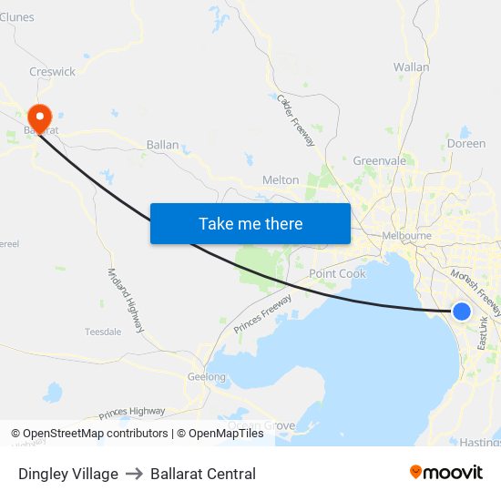 Dingley Village to Ballarat Central map