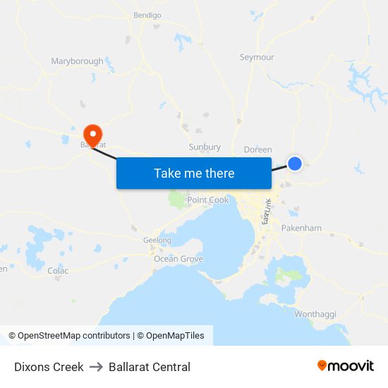 Dixons Creek to Ballarat Central map