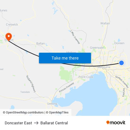 Doncaster East to Ballarat Central map