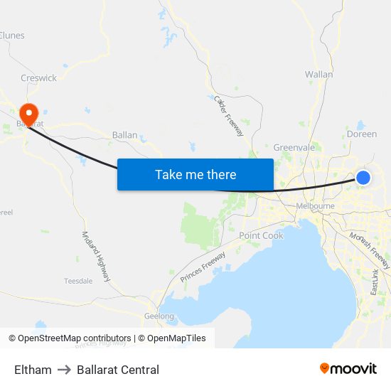 Eltham to Ballarat Central map