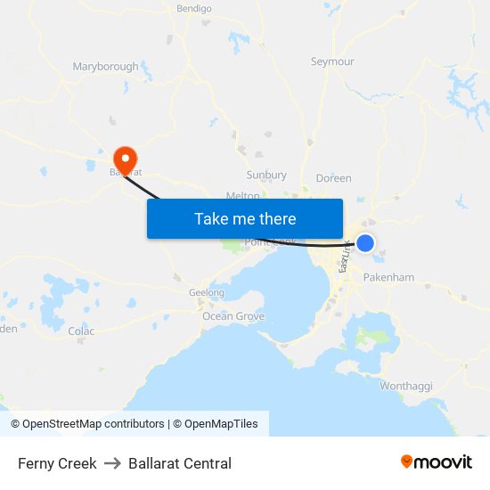 Ferny Creek to Ballarat Central map