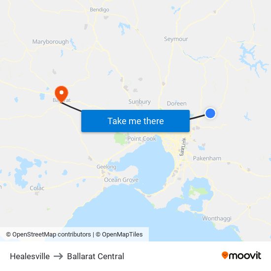 Healesville to Ballarat Central map