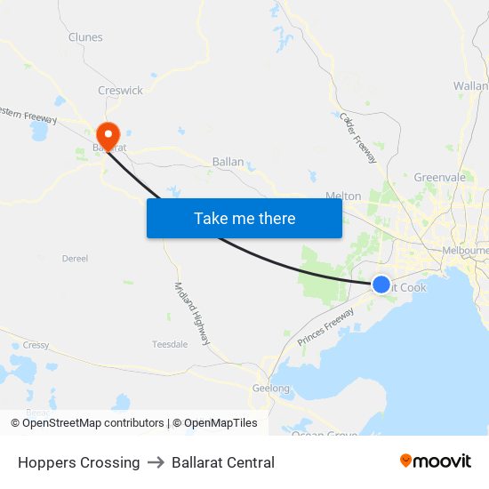 Hoppers Crossing to Ballarat Central map