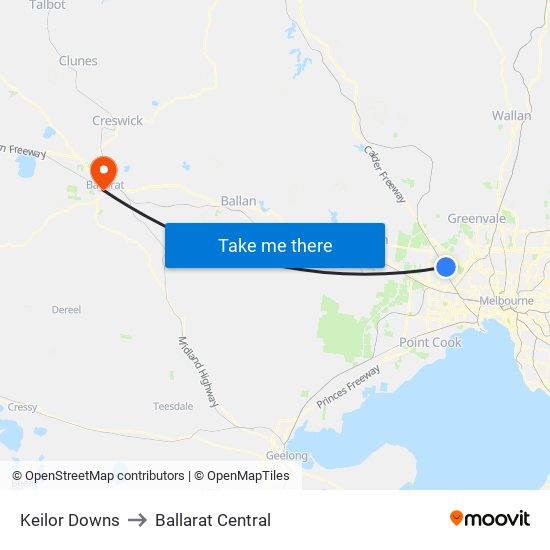 Keilor Downs to Ballarat Central map