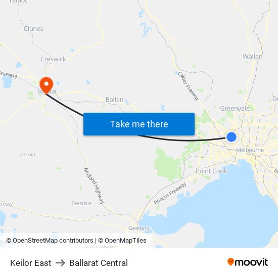 Keilor East to Ballarat Central map