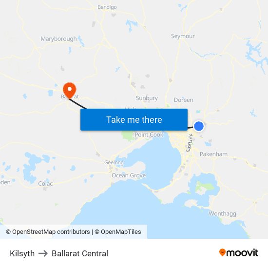 Kilsyth to Ballarat Central map