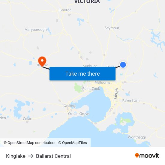 Kinglake to Ballarat Central map