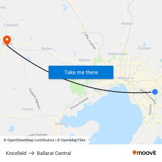Knoxfield to Ballarat Central map