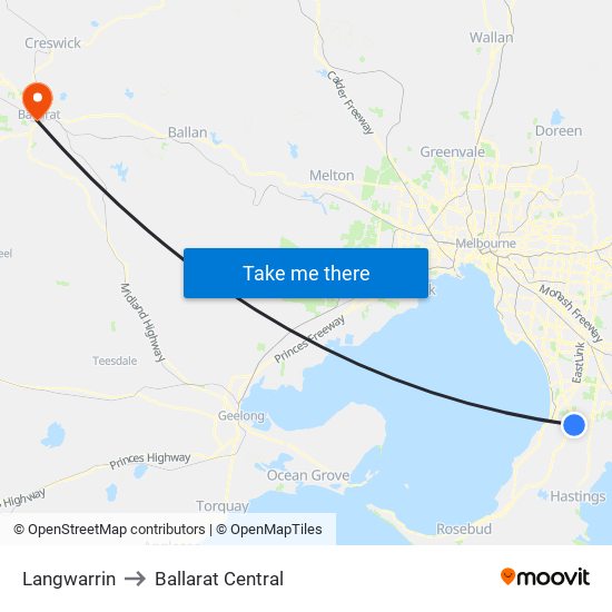 Langwarrin to Ballarat Central map