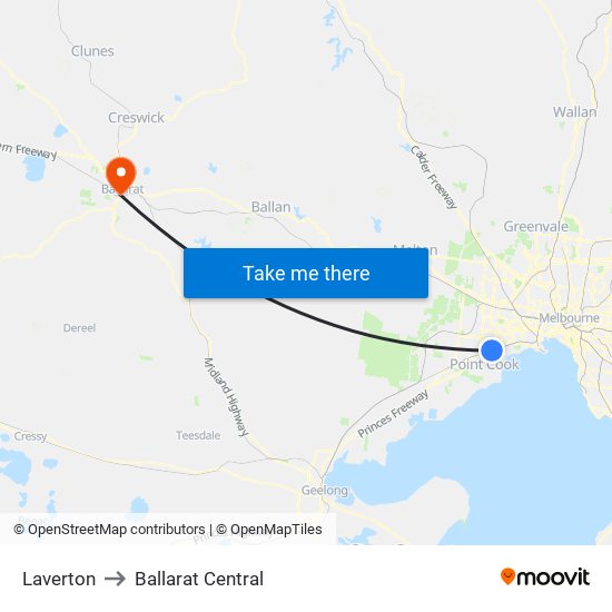 Laverton to Ballarat Central map