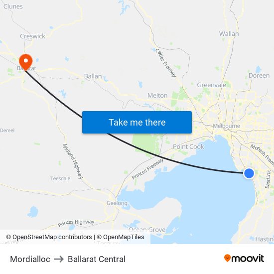 Mordialloc to Ballarat Central map