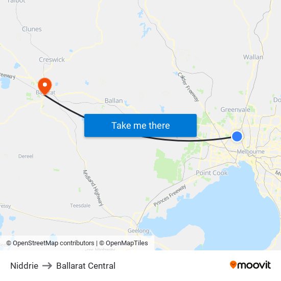 Niddrie to Ballarat Central map