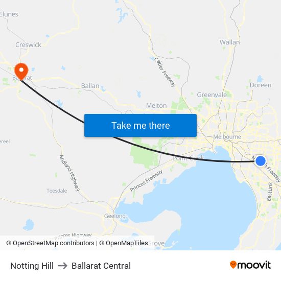Notting Hill to Ballarat Central map