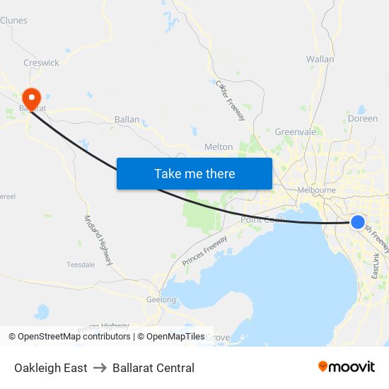 Oakleigh East to Ballarat Central map