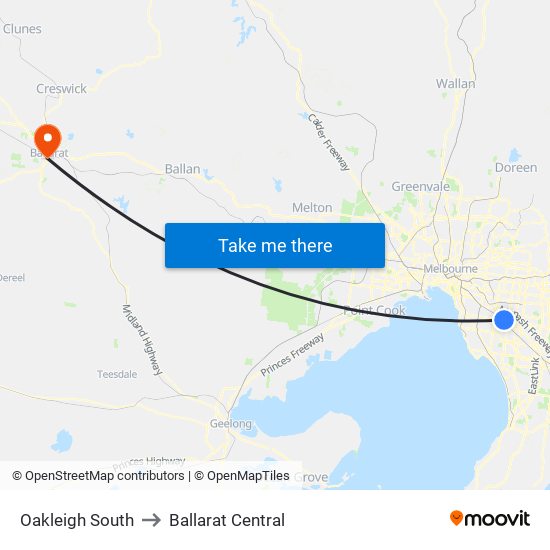 Oakleigh South to Ballarat Central map