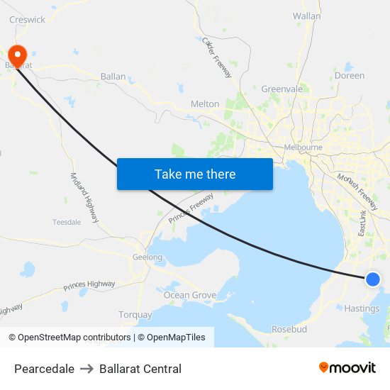 Pearcedale to Ballarat Central map