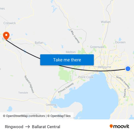 Ringwood to Ballarat Central map