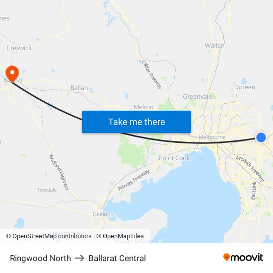 Ringwood North to Ballarat Central map