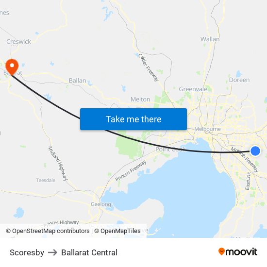 Scoresby to Ballarat Central map