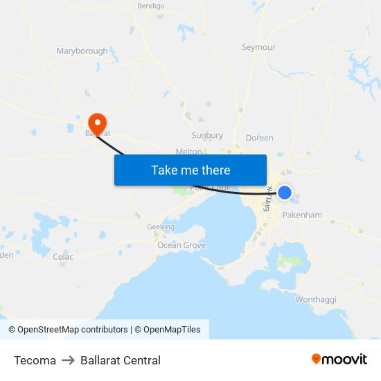 Tecoma to Ballarat Central map