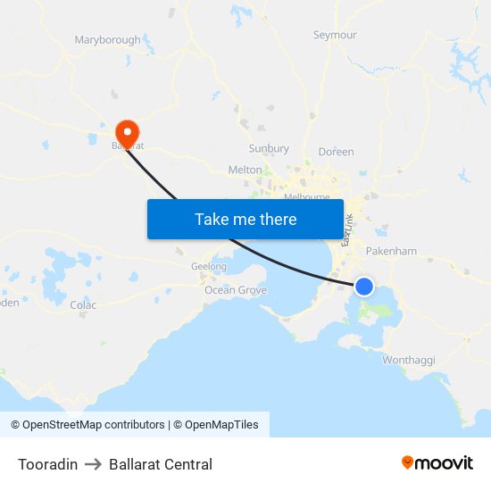 Tooradin to Ballarat Central map