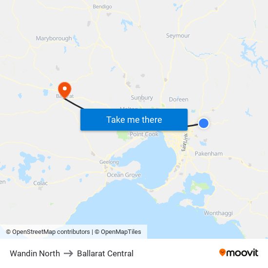 Wandin North to Ballarat Central map