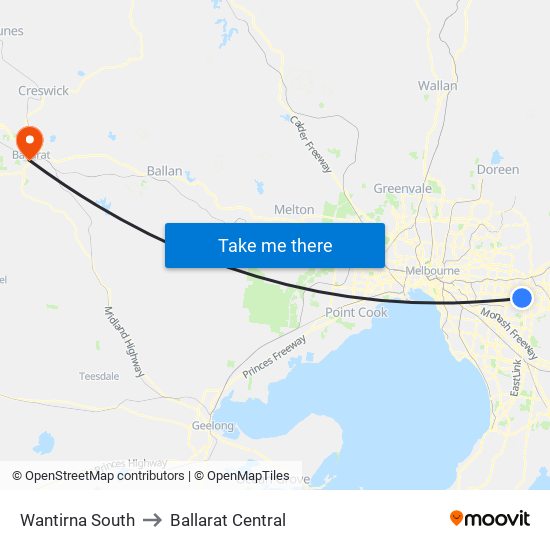 Wantirna South to Ballarat Central map