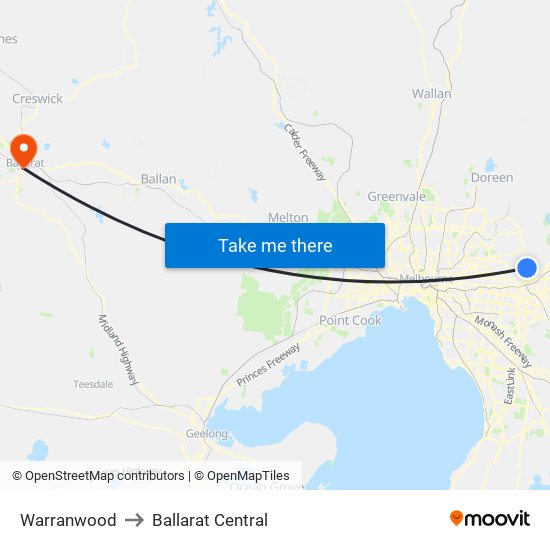 Warranwood to Ballarat Central map