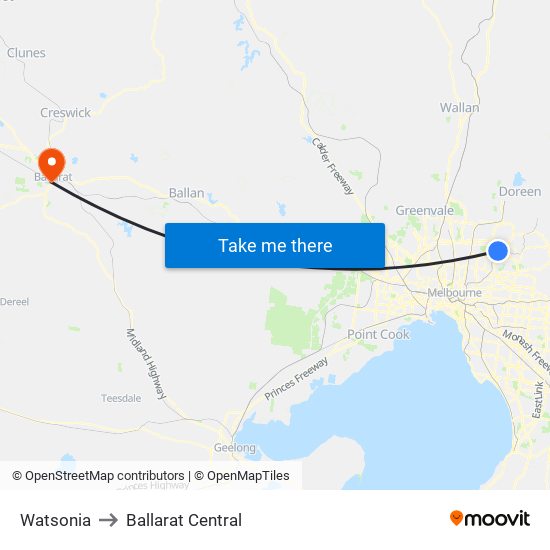 Watsonia to Ballarat Central map