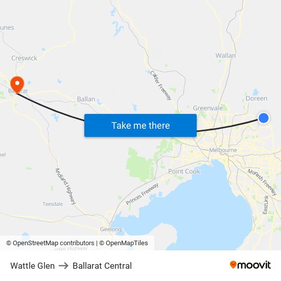 Wattle Glen to Ballarat Central map