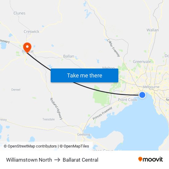 Williamstown North to Ballarat Central map