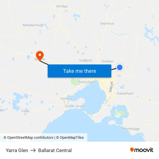 Yarra Glen to Ballarat Central map