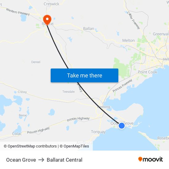 Ocean Grove to Ballarat Central map