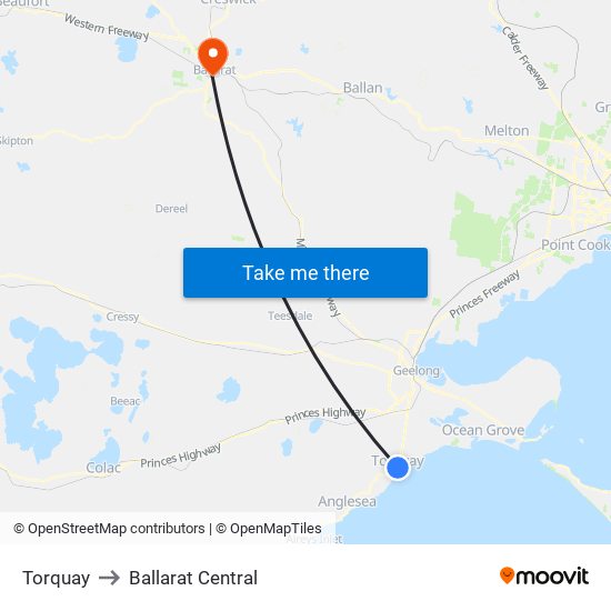 Torquay to Ballarat Central map