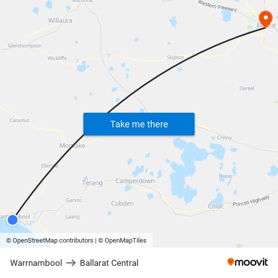 Warrnambool to Ballarat Central map