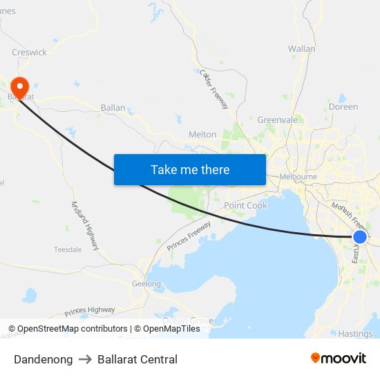 Dandenong to Ballarat Central map