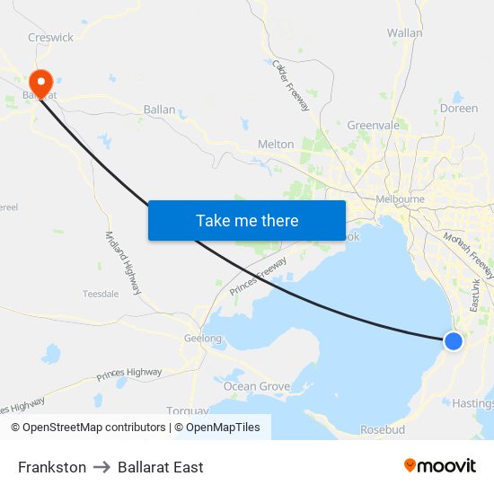 Frankston to Ballarat East map