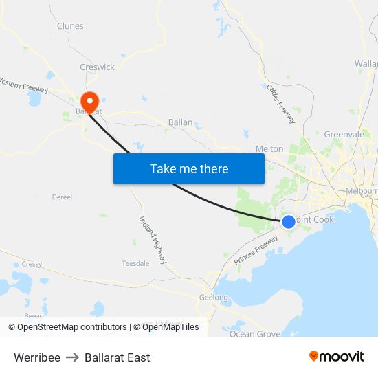 Werribee to Ballarat East map